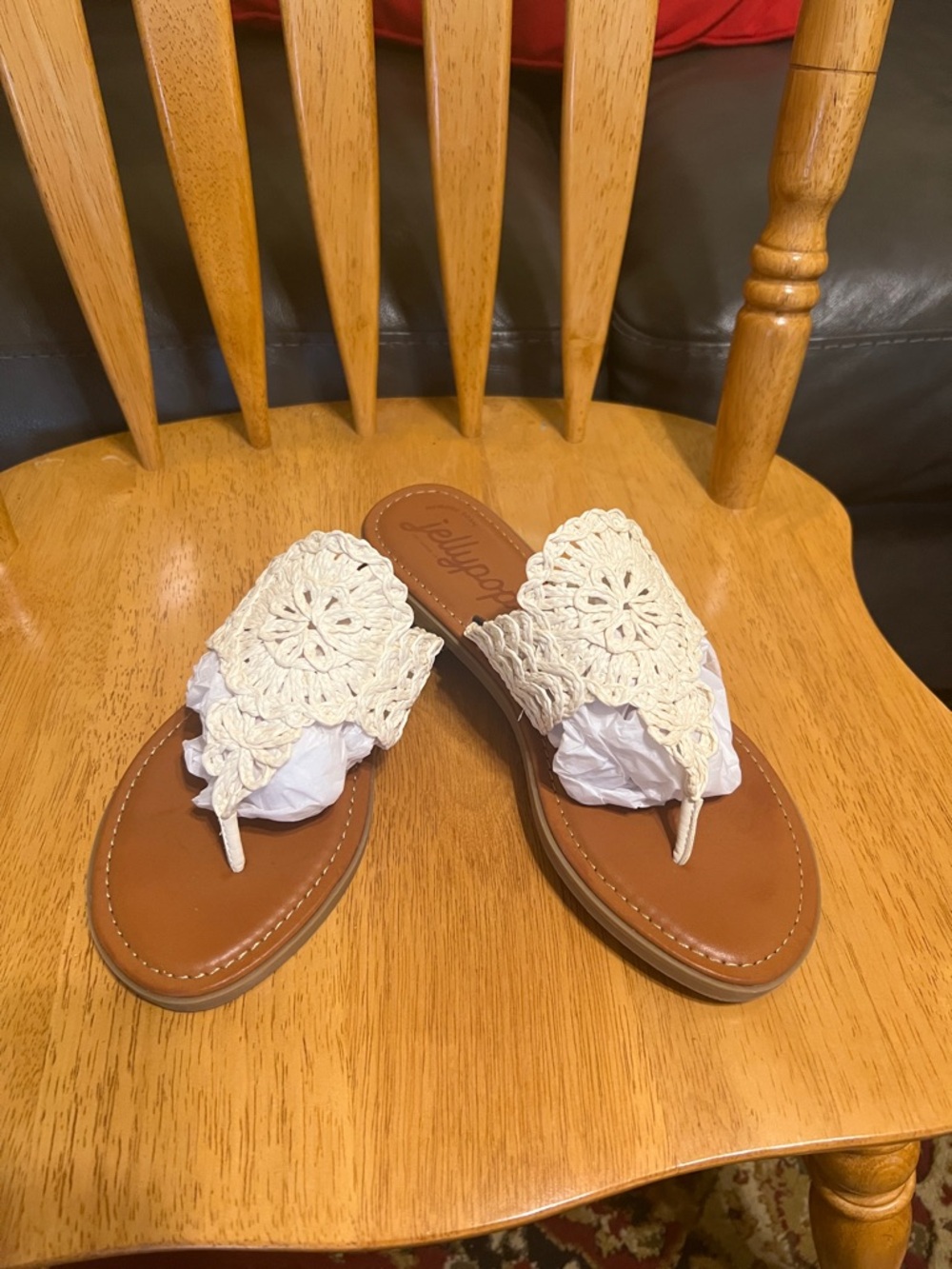 Jellypop Cream Crochet Thong Slide Sandals with Brown Footbed
